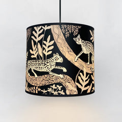 Lampshade in black with ocelot print and foliage in pale pink