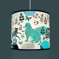 Lush Designs lampshade with print of dog and cats in turquoise and black