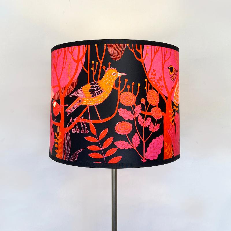 Dawn Chorus Lampshade - Pink colourful black pink orange lampshade with bird print