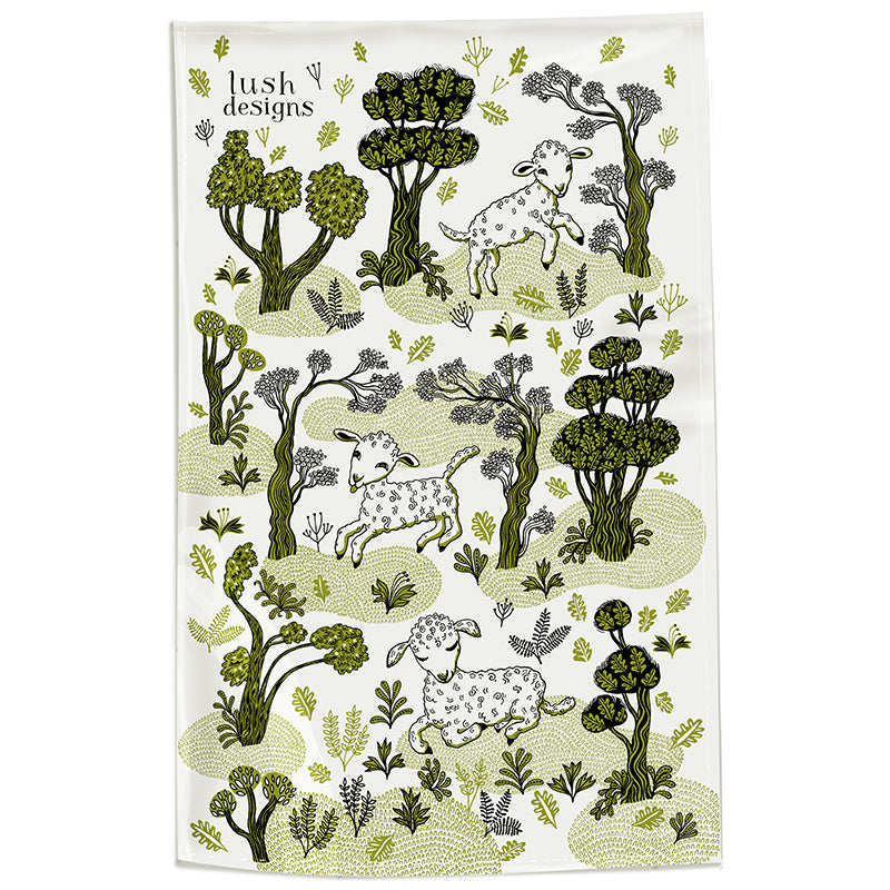 Lamb Tea Towel Lush designs Lamb Print tea towel featuring three sweet lambs surroundd by small trees and plants