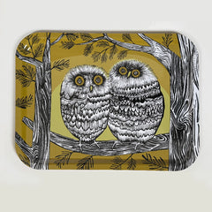Decorative tray with owl design on a yellow background
