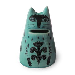 Lush Designs blue-green glazed ceramic money bank in the shape of a cat with a slot for the mouth