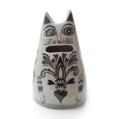 Lush Designs off-white cat-shaped money bank with coin-slot mouth and decorative black print