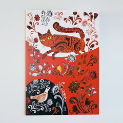 Lush Designs greetings card with orange kitty in floral setting