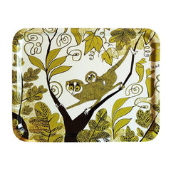 Melamine-faced birch ply tray with print of Lorises in the jungle in yellowy green and black
