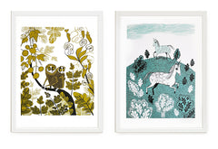 Loris and unicorn prints in white frames