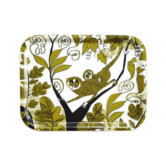 Lush Designs melamine-faced birch-ply tray printed with a design of small, big-eyed Lorises in a forest setting