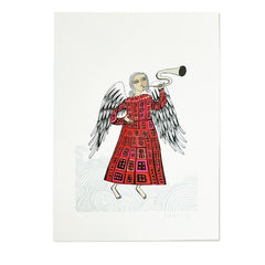 Art-print on textured paper of trumpet-playing angel in red dress