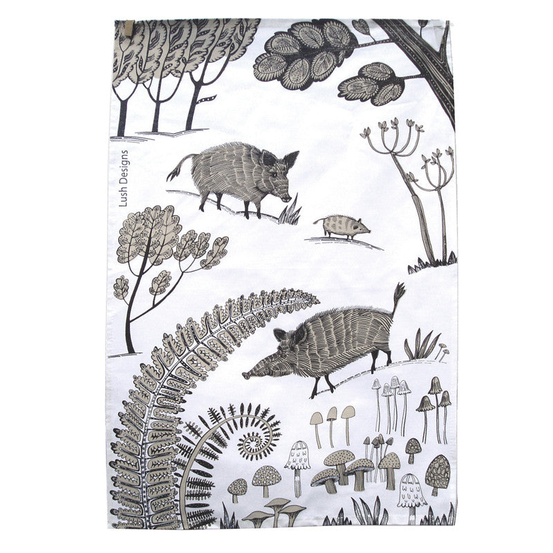 Wild boar tea towel Lush Designs tea towel with Wild Boars, ferns and mushrooms printed in brown and black on white