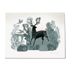 Lush Designs print on textured heavy paper of stag in countryside with viaduct and flying pheasants