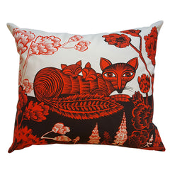 Lush Designs Cushion with print of fox, cubs trees and flowers in red and black on white