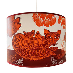 Lush designs large lampshade with print of fox and sleeping cubs in orange and plum colour