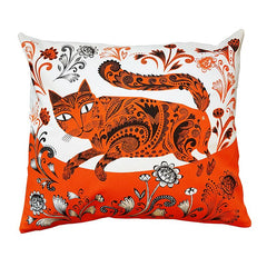 Bright orange, white and black cushion with fancy-patterned cat and floral features