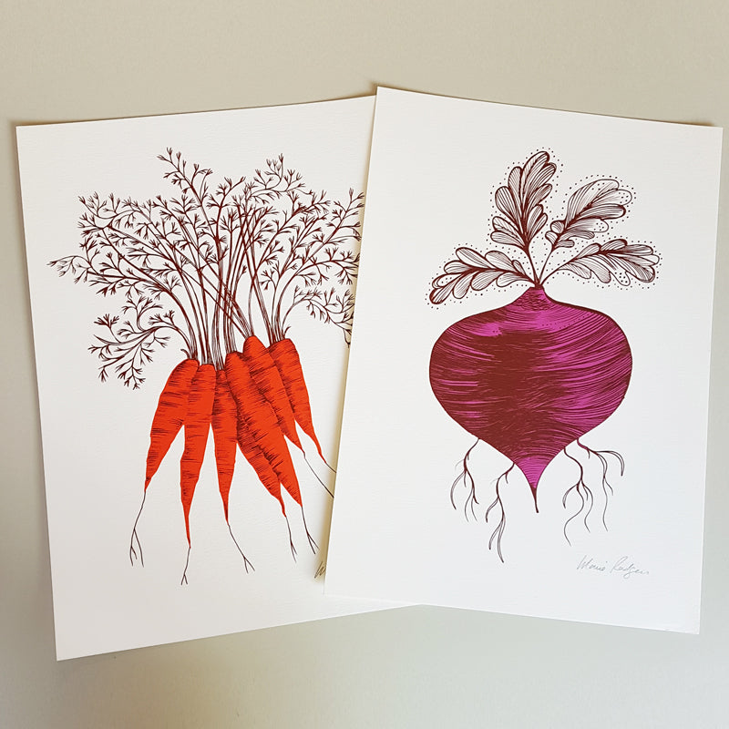 Pair of Vegetable Prints Lush Designs carrot print and beetroot print on heavy textured paper
