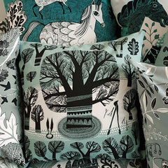 Lush designs cushions with illustrative prints in shades of teal