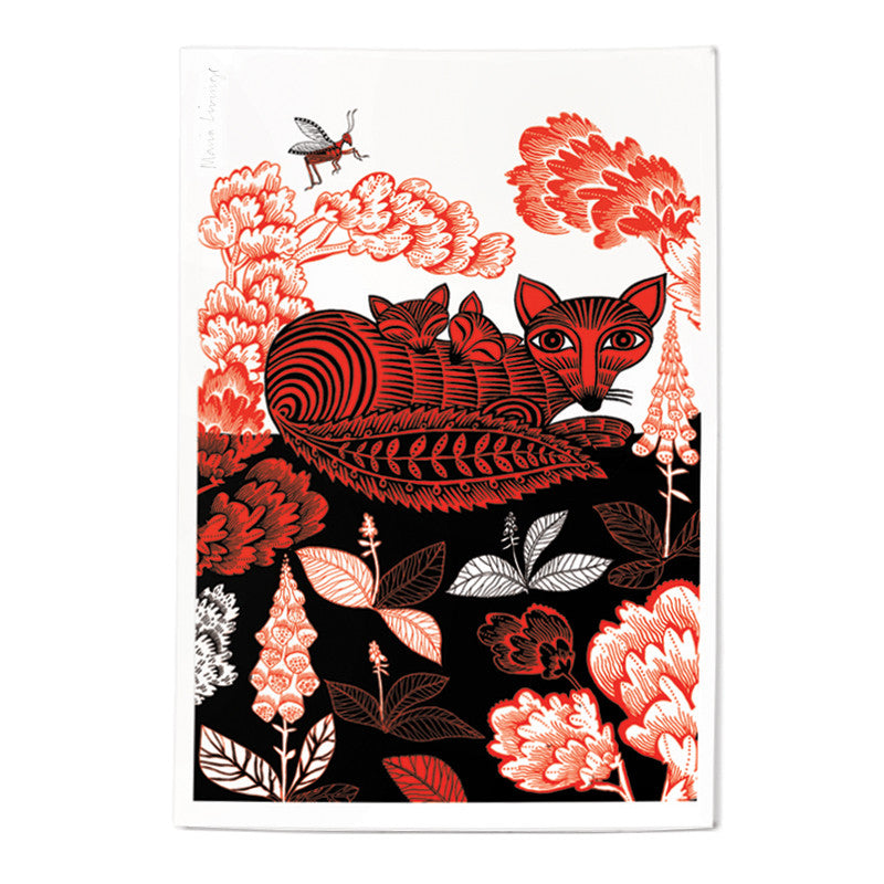 Fox & Cubs Print Lush Designs print of fox and cubs in red and black on heavy, textured paper