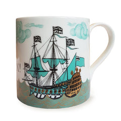 Lush designs bone china mug depicting a ship in full sail in turquoise, black and gold.