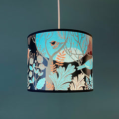 Colourdul lampshade with bird and foliage print in turquoise, black and tan