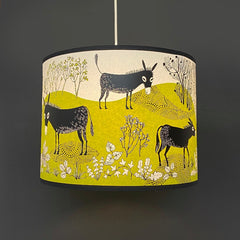 Lampshade printed with donkeys in a landscape