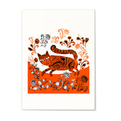 Lush Designs pint of cat among flowers in orange and black