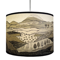 Lush Designs lampshade with print of rolling hills printed in shades of grey, black and brown