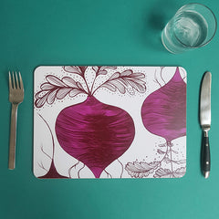 Lush Designs Beetroot table mat with knife, fork and glass of water