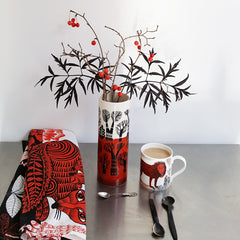 Red and white tree design vase with orange and white lion mug and red fox tea towel