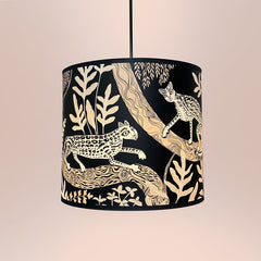 Lampshade in black with ocelot print and foliage in pale pink