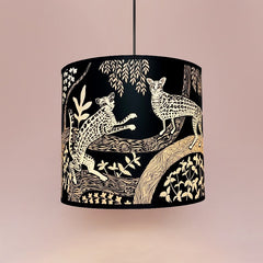 Lampshade in black with ocelot print and foliage in pale pink