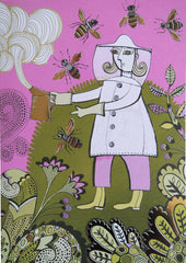 Illustration of a person in a beekeeper outfit with bees and floral patterns on a pink background