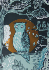 Illustration of an owl on a branch with a moon and another owl in the background, surrounded by decorative elements.