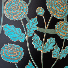 Teal floral pattern on a black background
