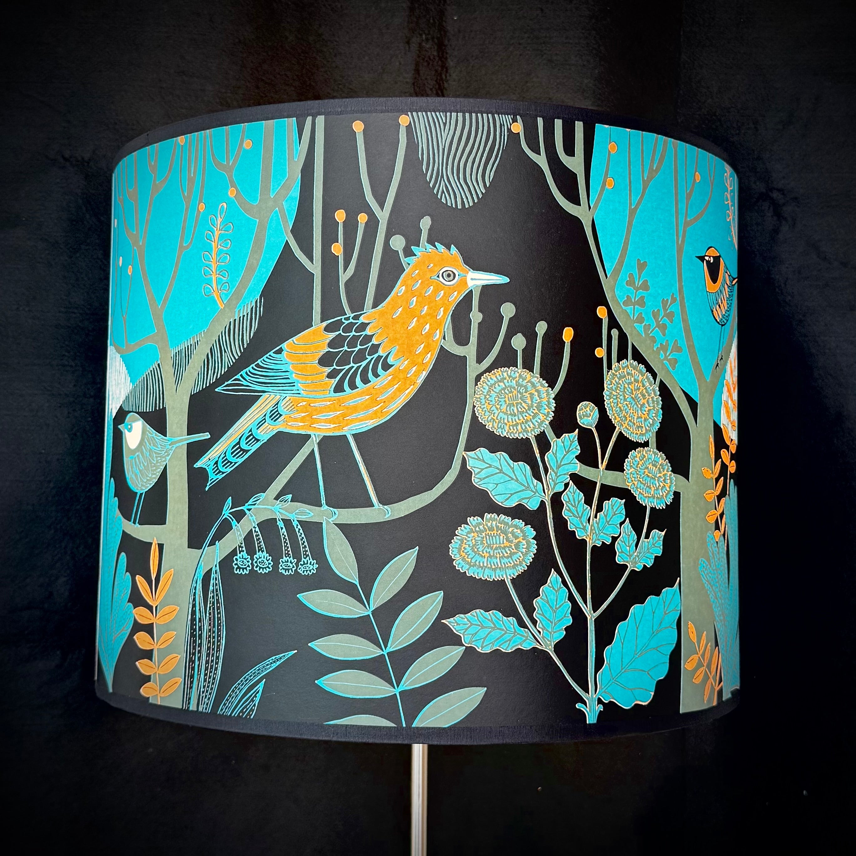 Lampshade with bird and floral design on a black background