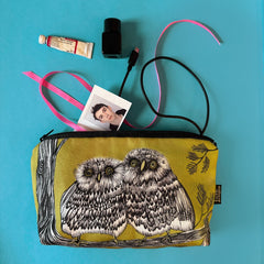 small zip up bag with baby owl print