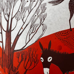 Illustration of a donkey standing next to a tree on a red background