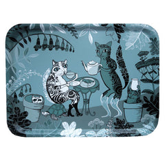 Melamine faced birch-ply, teal and blue-grey tray with illustration of cats drinking tea in the garden