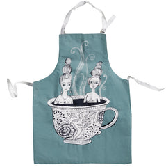 Lush designs apron printed with two ladies bathing in a cup of tea in light teal blue.