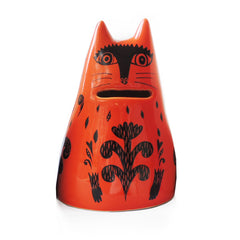 Lush Designs Orange red ceramic cat-shaped money bank with printed black patterns, coin slot for mouth