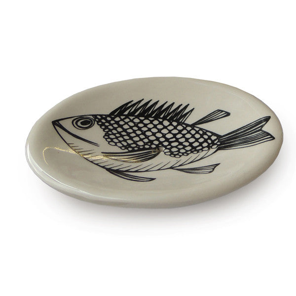 Lush Designs earthenware soap dish in cream printed with black drawing of a fish