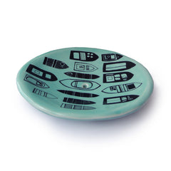 Lush Designs turquoise glazed soap dish with boat print in black