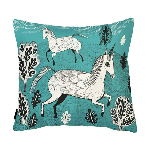 Lush Designs unicorn print cushion in vibrant turquoise