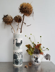 Lush Designs Hamlet mug with autumn flower arrangement and vase with print of Great Bustards