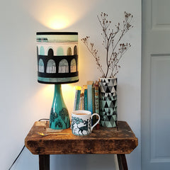 Lush Designs Lamp with DLR print shade, dog print mug and triangle print vase