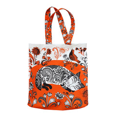 Lush Designs canvas tote bag with print of black and white patterned sleeping cat on orange floral background 