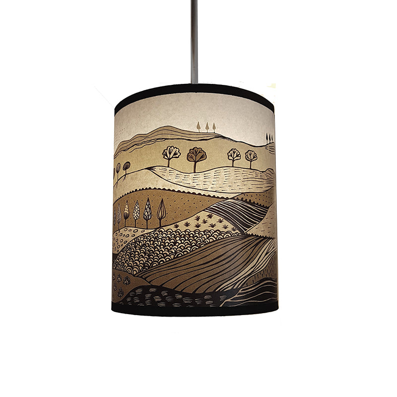 Lush Designs lampshade with print of rolling hills printed in shades of grey, black and brown