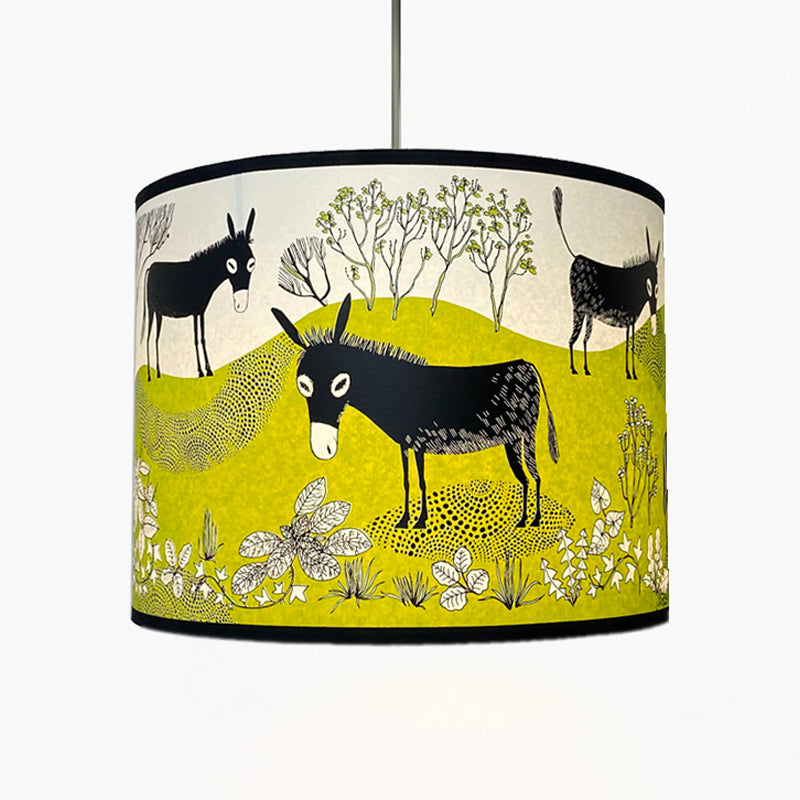 Lampshade printed with donkeys in a landscape