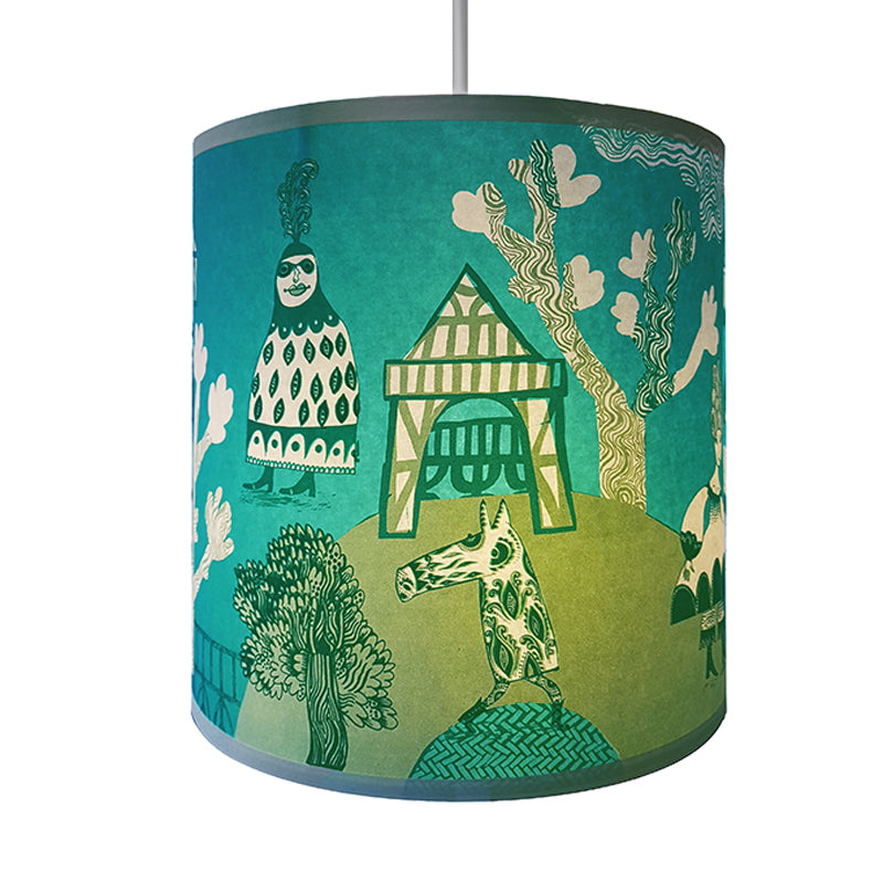 Lush Designs lampshade in turquoise and green featuring print of fancy-dress tudor garden party
