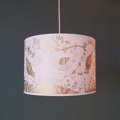 Lush Designs lampshade printed with a pattern of birds in metallic gold