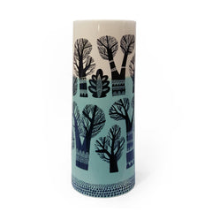 Lush Designs cylindrical earthenware vase with print of winter trees and wash of blue-green glaze
