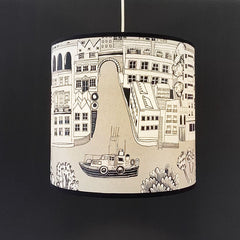 Lush Designs lampshade printed with a boat on a river and buildings in black, white and grey